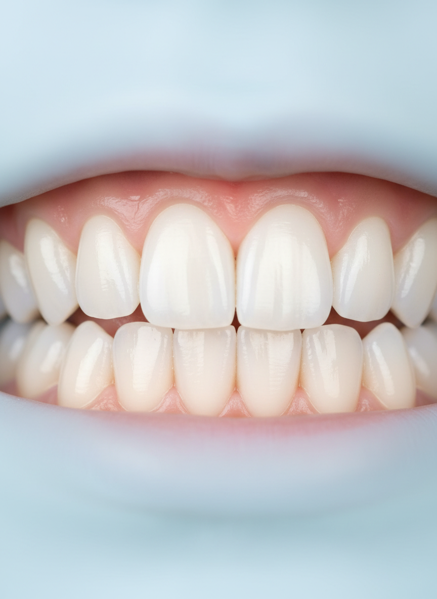 A close-up of a sparkling, perfectly aligned set of natural white teeth gently parted to reveal smooth enamel and healthy pink gums, captured without showing any other facial features. The teeth are illuminated by soft studio lighting from the front and slightly above, creating clean highlights on the enamel and minimal shadows between teeth. The background fades into a cool, defocused gradient of pale blues and whites, evoking a clinical yet calming environment. The photographic composition uses a shallow depth of field to keep every tooth edge sharp while blurring the background, emphasizing dental health, precision, and professional care, ideal for a top-rated dentistry brand identity.