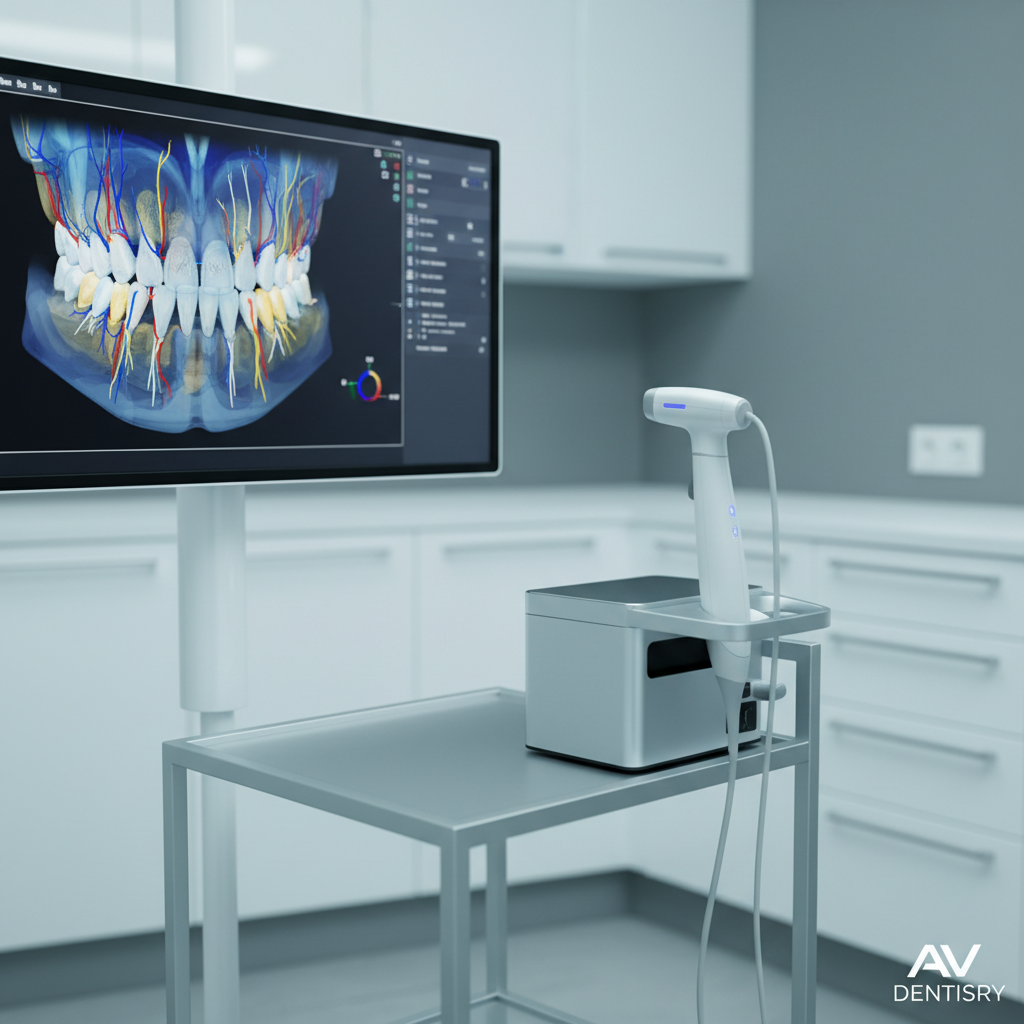 A high-tech dental diagnostic setup featuring a large, wall-mounted 3D digital imaging screen displaying a detailed color render of a full jaw bone structure and teeth, next to a sleek intraoral scanner resting on a docking station. The scanner has a smooth white body with subtle blue indicator lights and a thin cable leading to a compact computer unit on a minimalist trolley. The background includes a soft-focus glimpse of clean cabinetry and a muted grey wall. Neutral, cool-toned studio lighting from multiple directions reduces glare on the screen while highlighting the technology’s contours. Photographic realism with a medium close-up composition, emphasizing innovation, precision, and modern dental care at AV Dentistry.