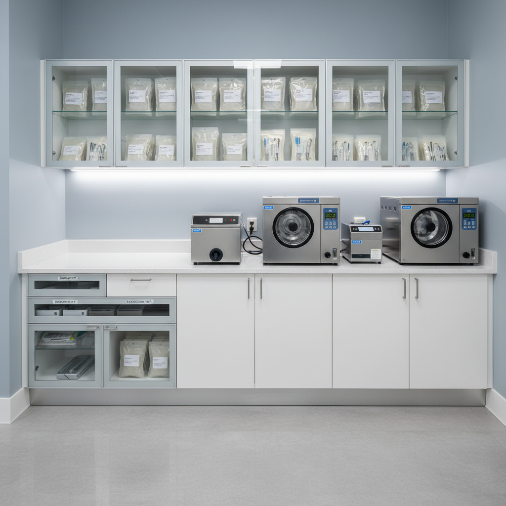 A meticulously organized sterilization area in a dental clinic, showcasing gleaming stainless steel sterilizers, sealed pouches of instruments neatly lined in labeled drawers, and a smooth white countertop free of clutter. Transparent upper cabinets reveal orderly rows of disinfected tools in clear trays. Cool, bright LED task lighting runs under the cabinets, casting crisp, clean reflections on the metallic surfaces while eliminating harsh shadows. The walls are painted a soft, hygienic blue-grey, complemented by light grey flooring with a satin finish. Captured in photographic realism from a slightly elevated angle, the composition emphasizes symmetry and order, reinforcing an advanced, safety-focused, professional environment in a top-rated dental practice.