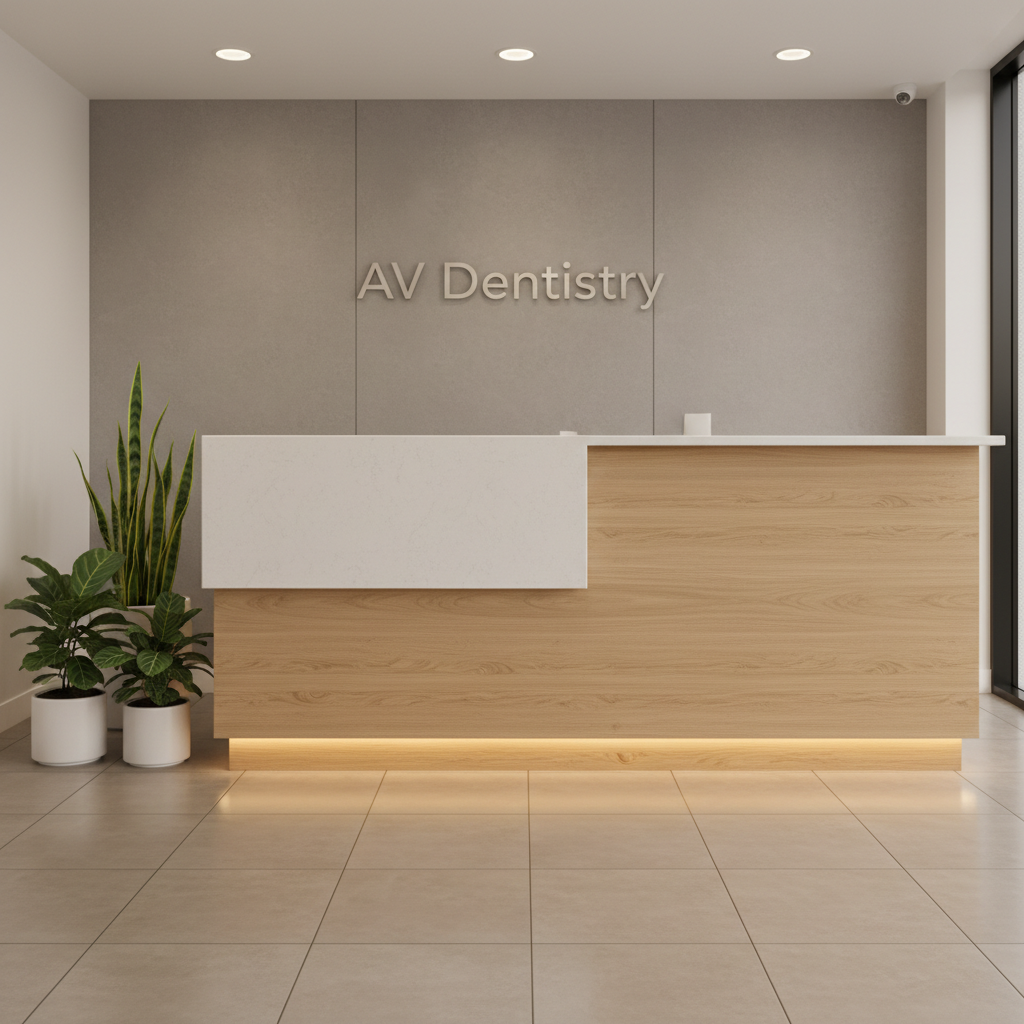 An immaculate dental reception desk crafted from light oak with a matte finish, paired with a white quartz countertop and an embedded subtle LED light strip along the base. Behind the desk, a wall features the clinic name “AV Dentistry” in brushed metal letters, set against a soft grey textured panel. A small arrangement of green indoor plants in minimalist white planters adds a hint of freshness. Large floor tiles in neutral beige reflect soft, diffused overhead lighting and indirect daylight from an unseen window, giving the space a welcoming, professional feel. Photographic realism, shot from an eye-level frontal angle, with balanced composition and sharp focus, conveying organization, trust, and calm.